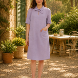 100% Linen Bow Collar Short Sleeve Shift Midi Dress