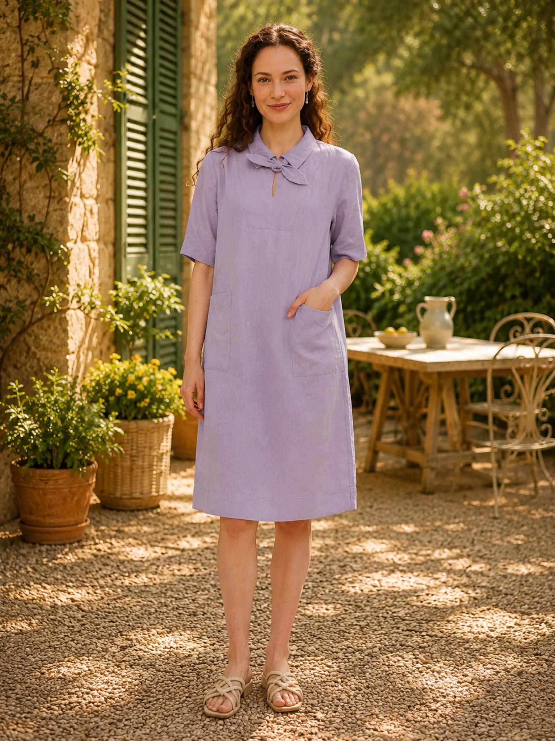 100% Linen Bow Collar Short Sleeve Shift Midi Dress