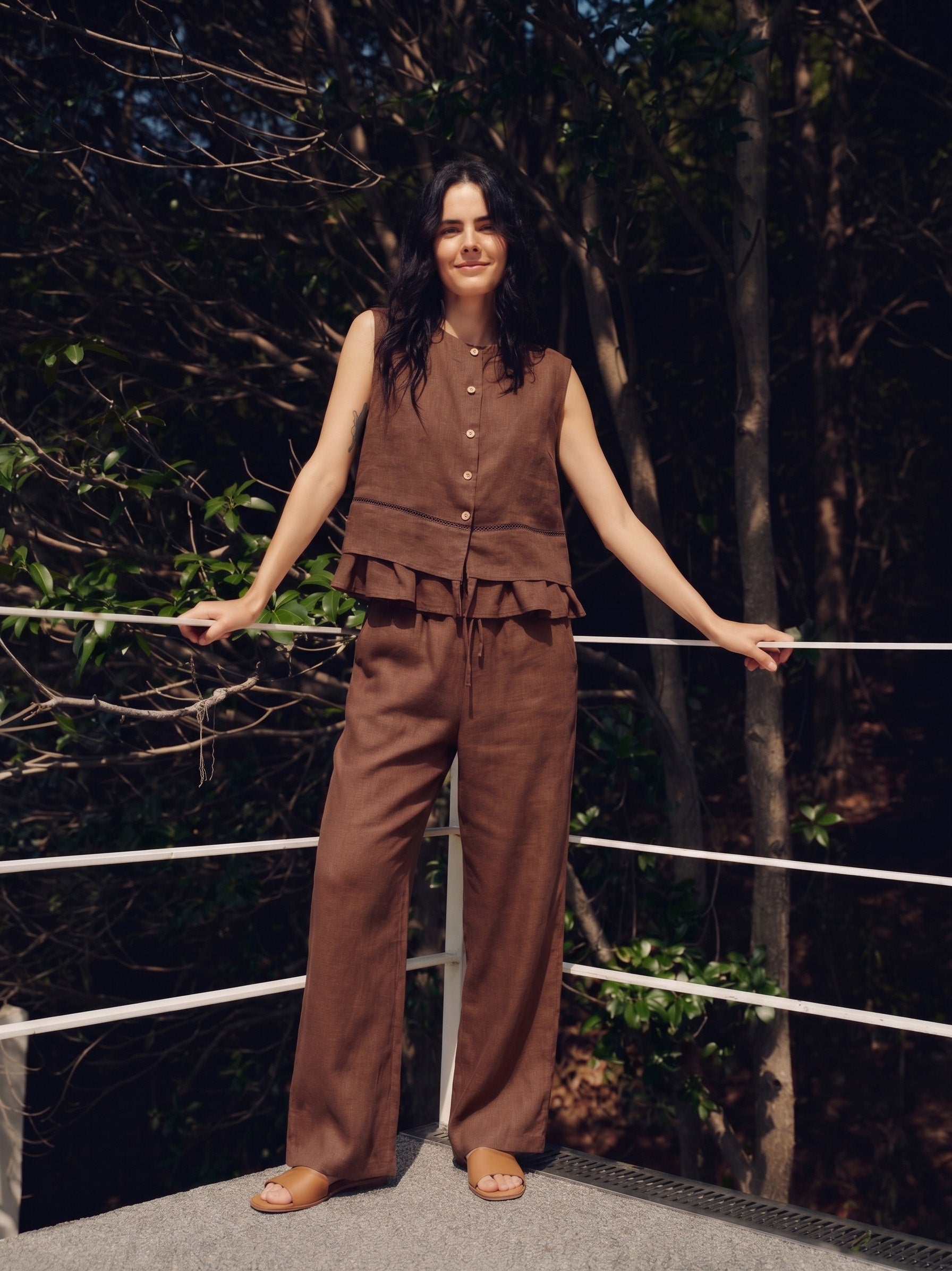 100% Linen Embroidered Tank & Straight Leg Pants Set