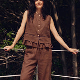 100% Linen Button Down Embroidery Ruffle Hem Tank Top