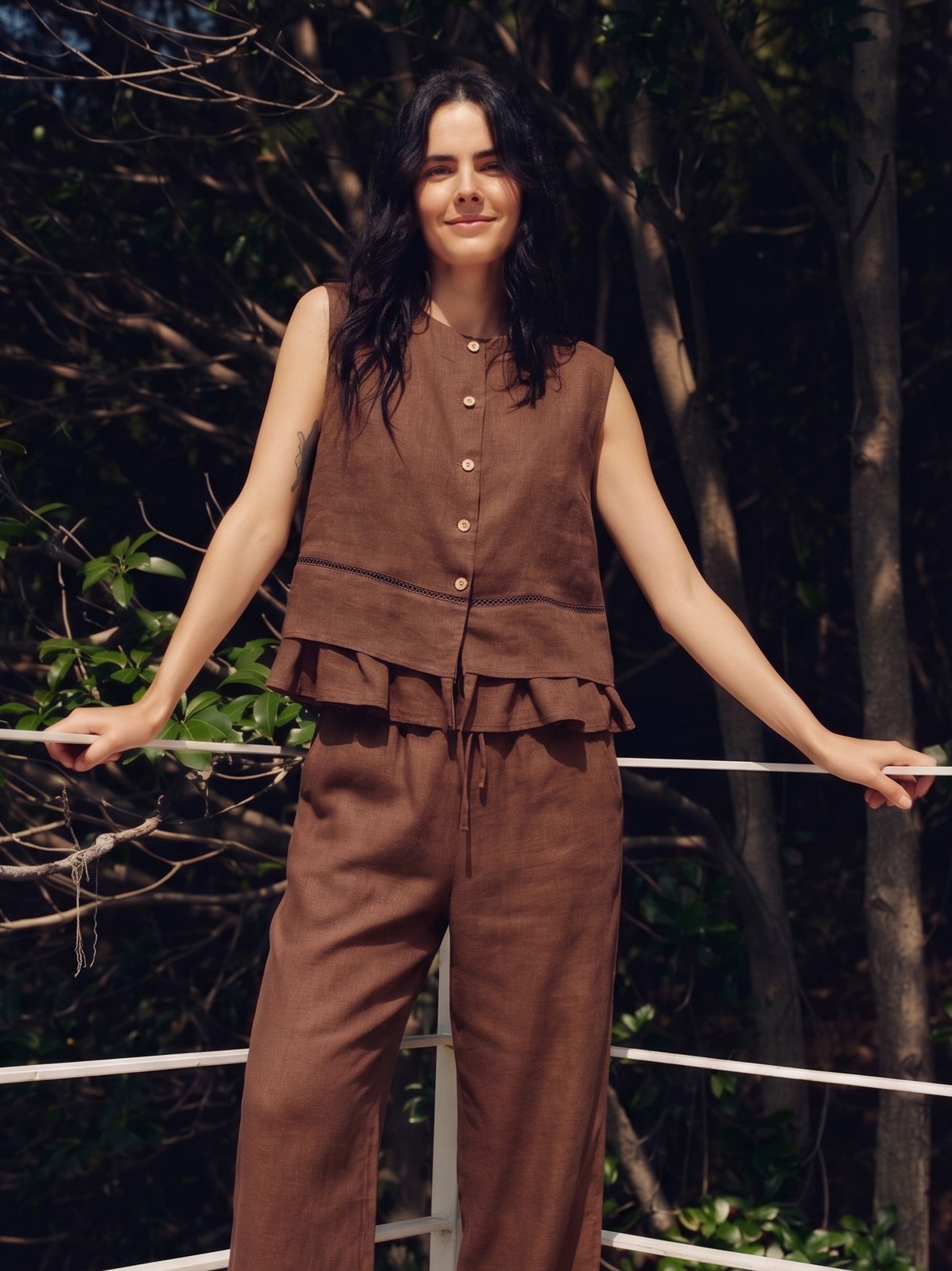 100% Linen Button Down Embroidery Ruffle Hem Tank Top