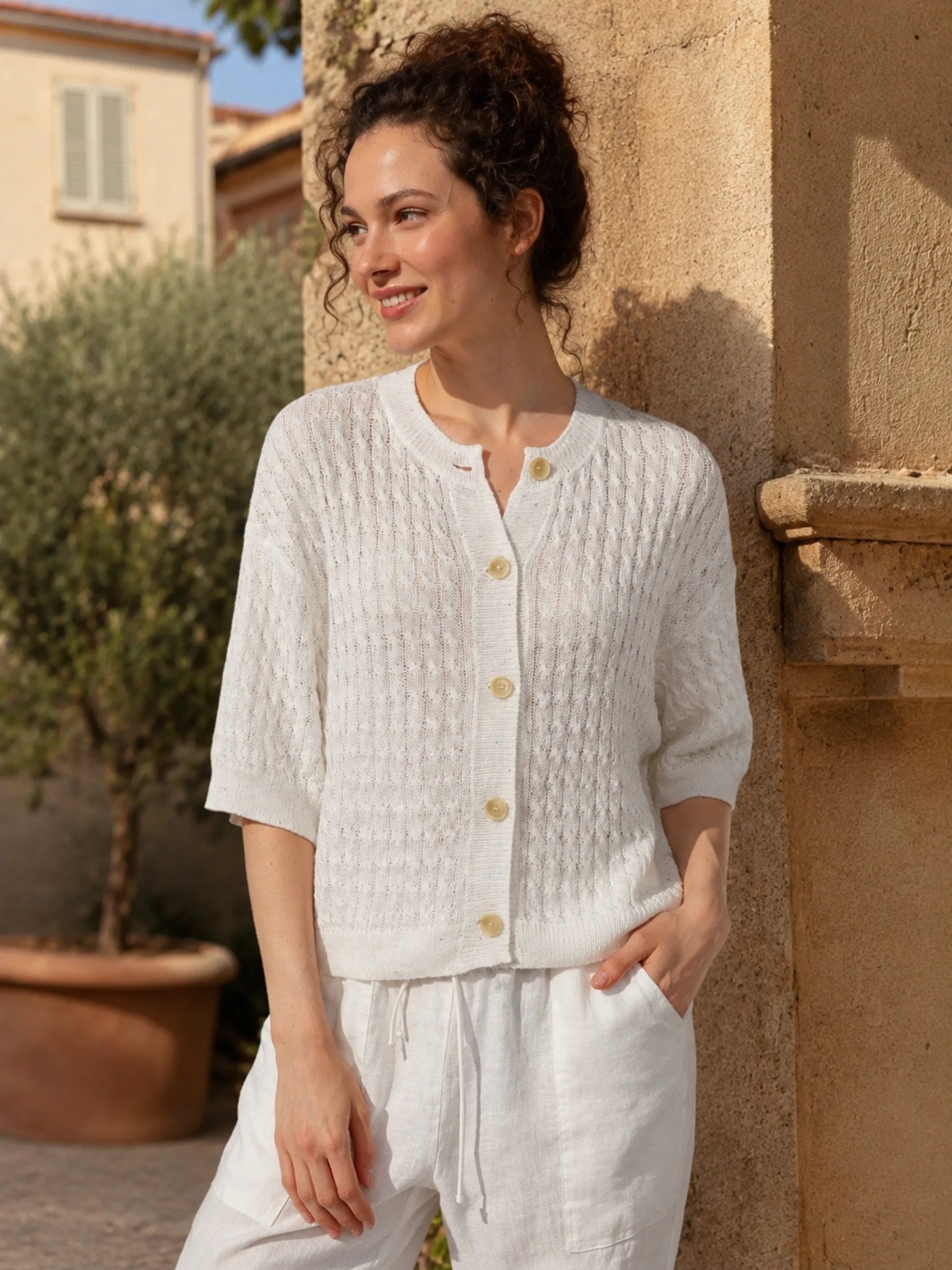100% Linen Cable Knit Button Down Cardigan
