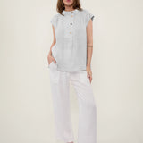 100% Linen Cap Sleeve Asymmetric Placket Blouse