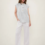100% Linen Cap Sleeve Asymmetric Placket Blouse