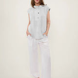 100% Linen Cap Sleeve Asymmetric Placket Blouse