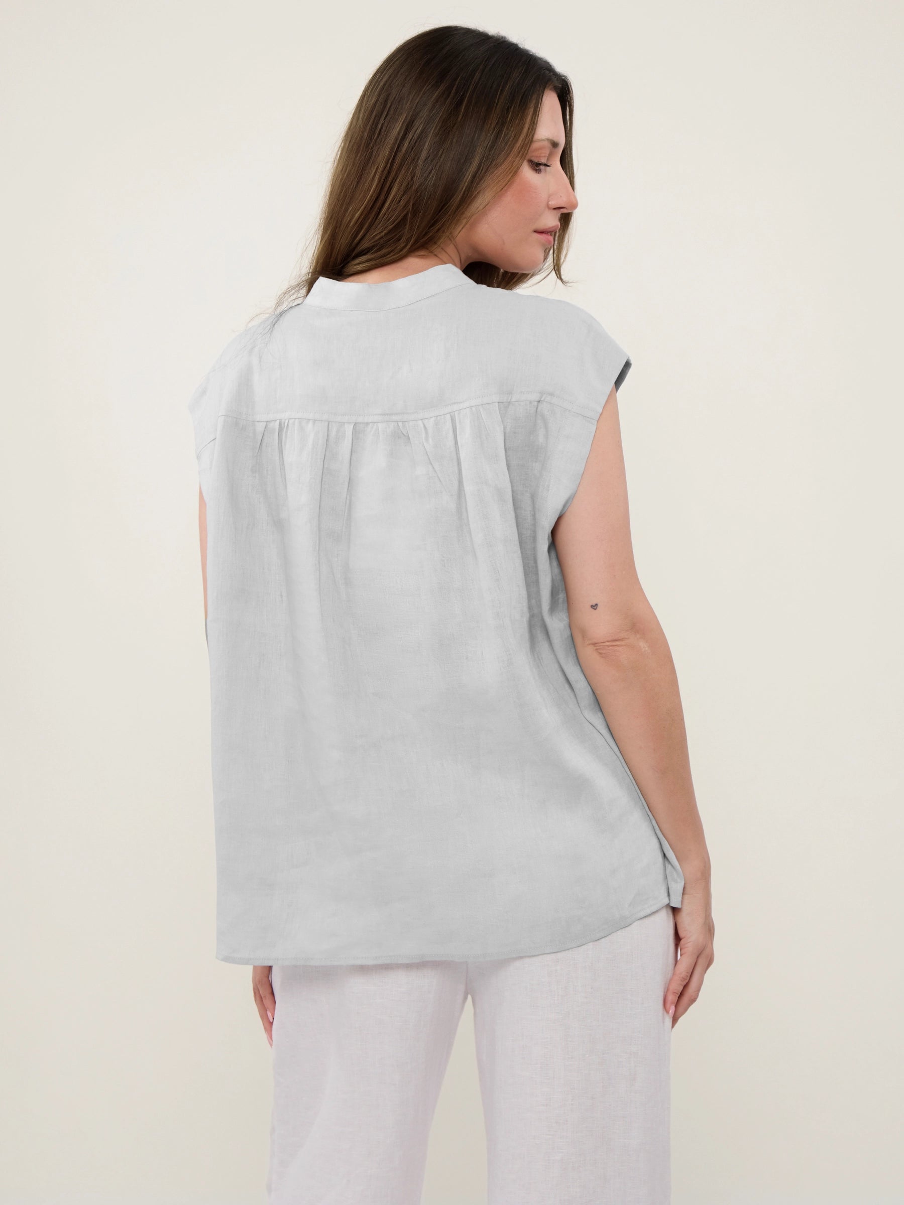 100% Linen Cap Sleeve Asymmetric Placket Blouse