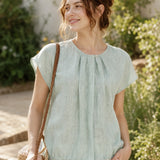 100% Linen Cap Sleeve Drawstring Hem Blouse