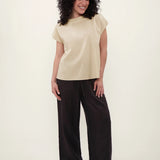 100% Linen Cap Sleeve Shoulder Button Draped Blouse