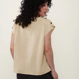 100% Linen Cap Sleeve Shoulder Button Draped Blouse