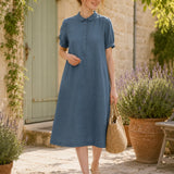 100% Linen Collar Puff Sleeve Midi Dress