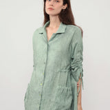 100% Linen Collared Drawstring Sleeve Maxi Shirt Dress