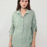 100% Linen Collared Drawstring Sleeve Maxi Shirt Dress