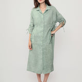 100% Linen Collared Drawstring Sleeve Maxi Shirt Dress