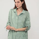 100% Linen Collared Drawstring Sleeve Maxi Shirt Dress