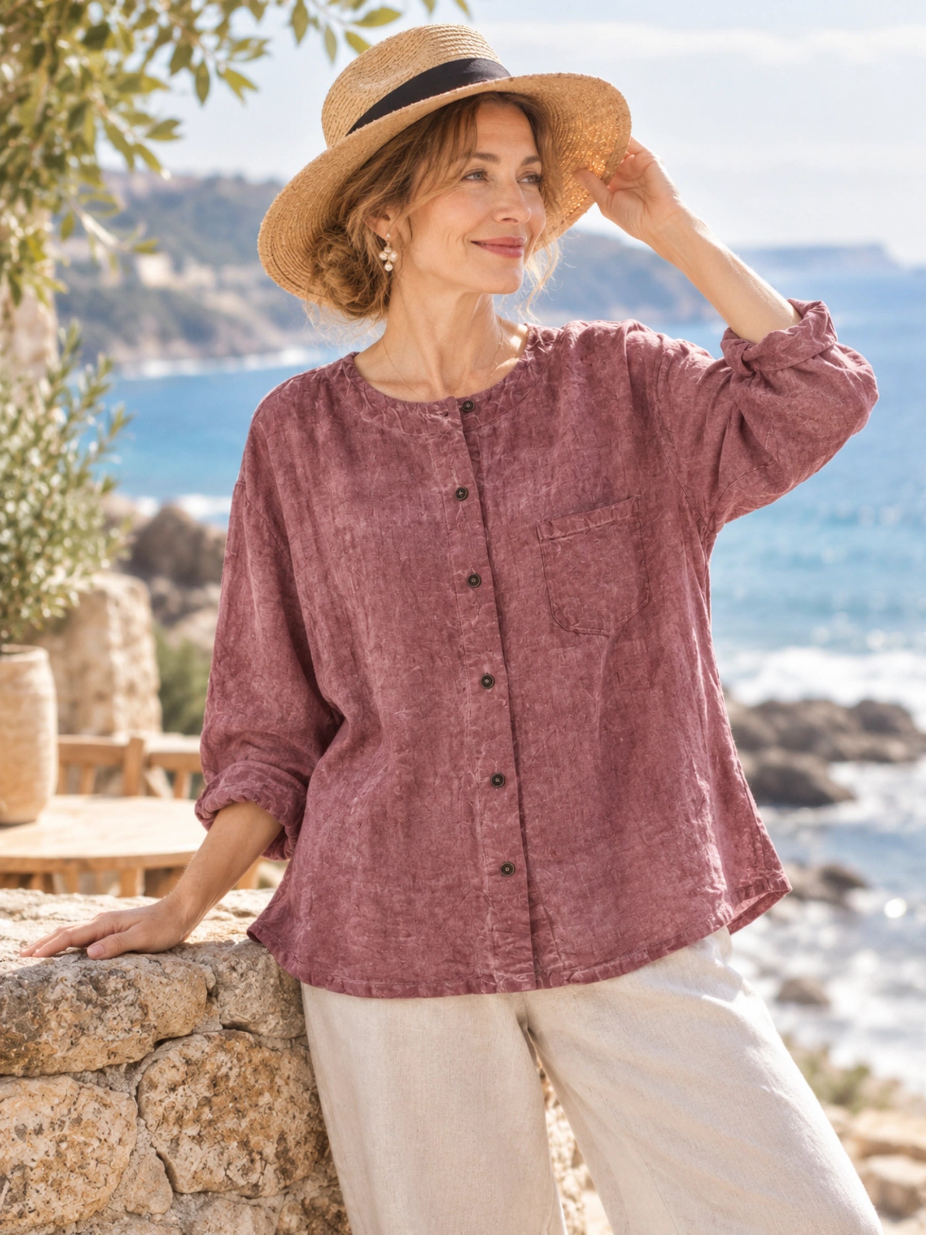 100% Linen Crew Neck Shirt with Patch Pockets