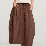 100% Linen Drawstring Waist Bubble Maxi Skirt