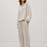 100% Linen Printed Elastic Drawstring Straight Leg Pants