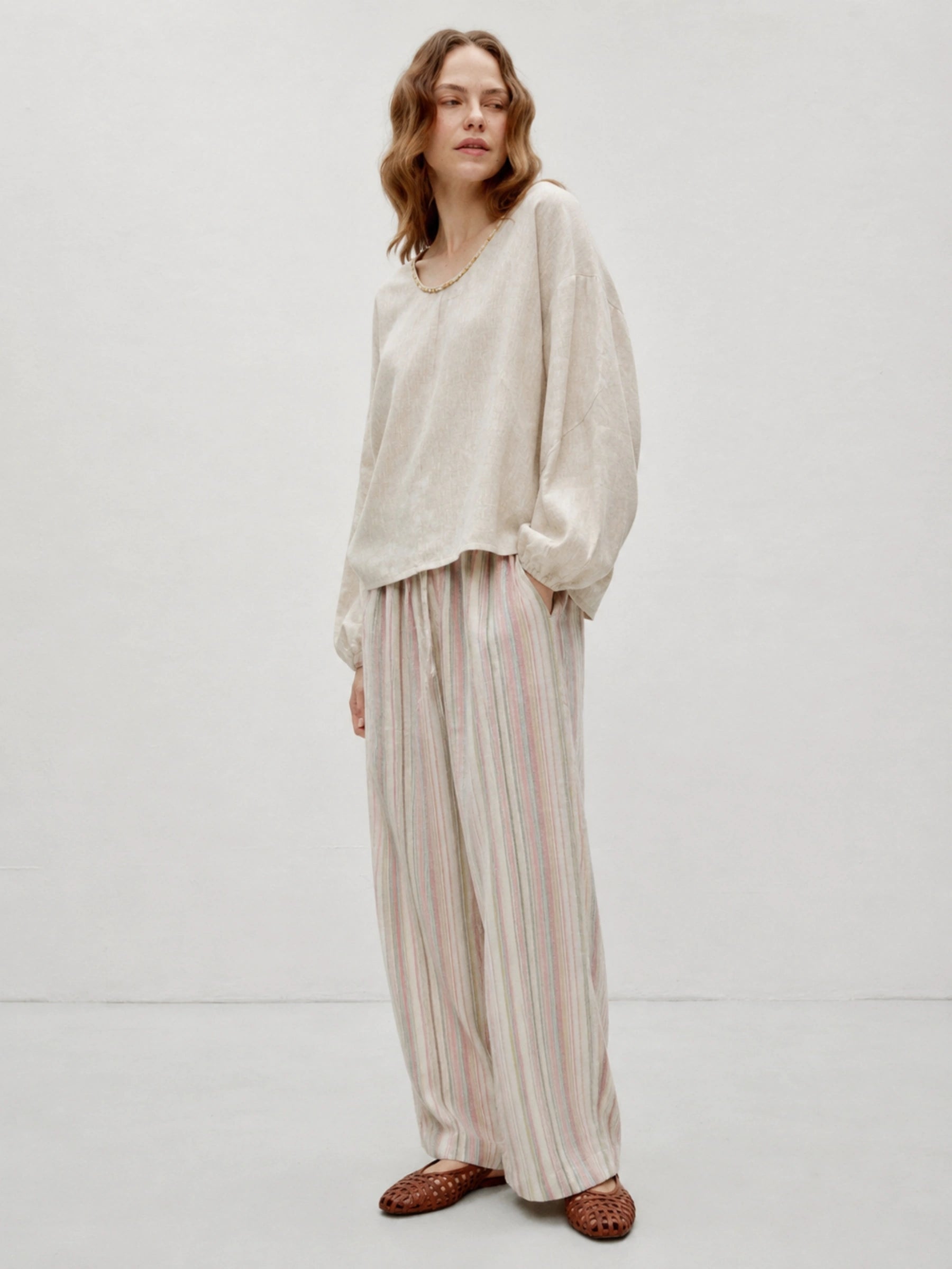 100% Linen Printed Elastic Drawstring Straight Leg Pants