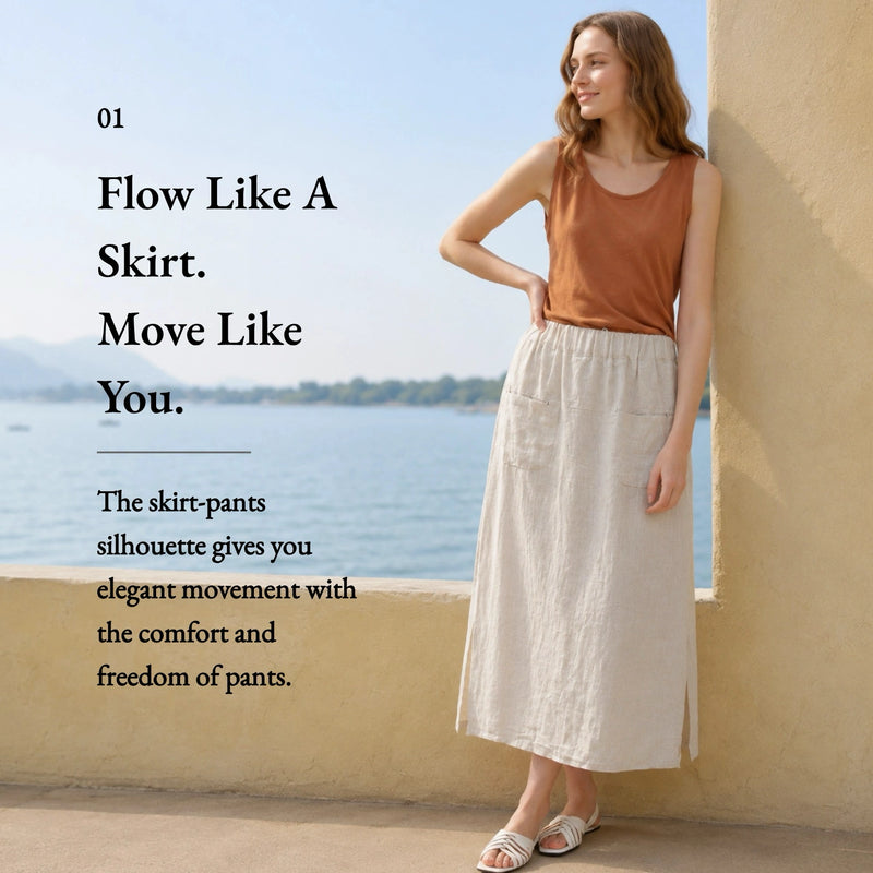 100% Linen Elastic Waist A-Line Capri Pants