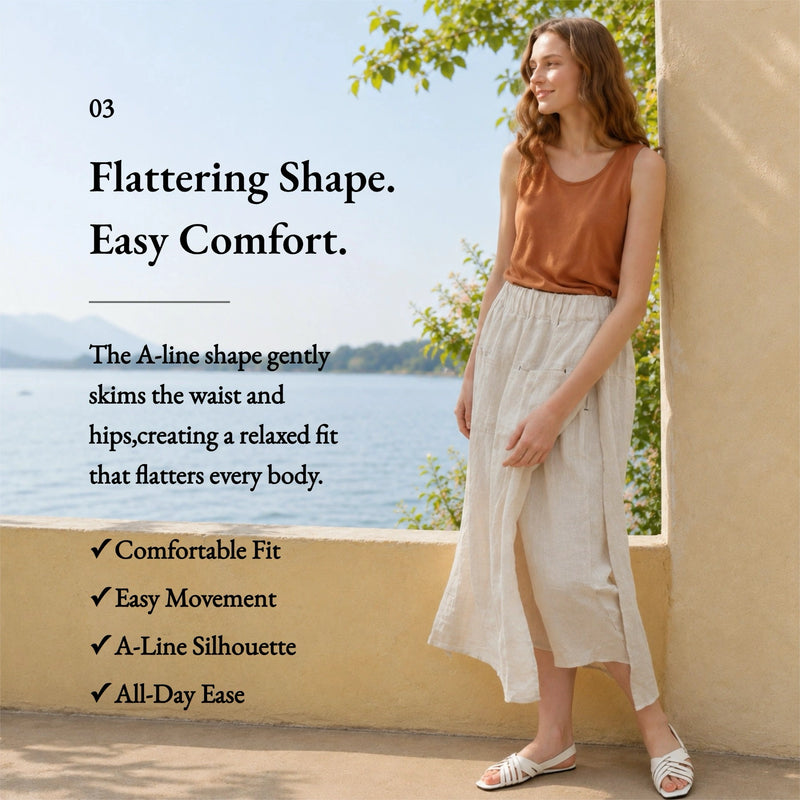 100% Linen Elastic Waist A-Line Capri Pants