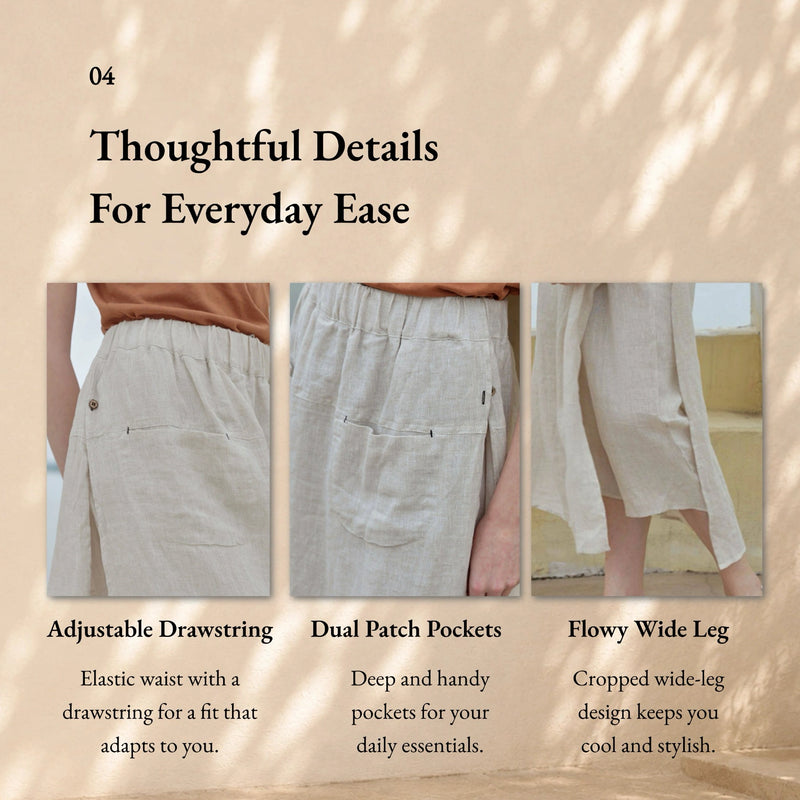 100% Linen Elastic Waist A-Line Capri Pants