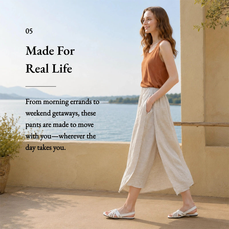 100% Linen Elastic Waist A-Line Capri Pants