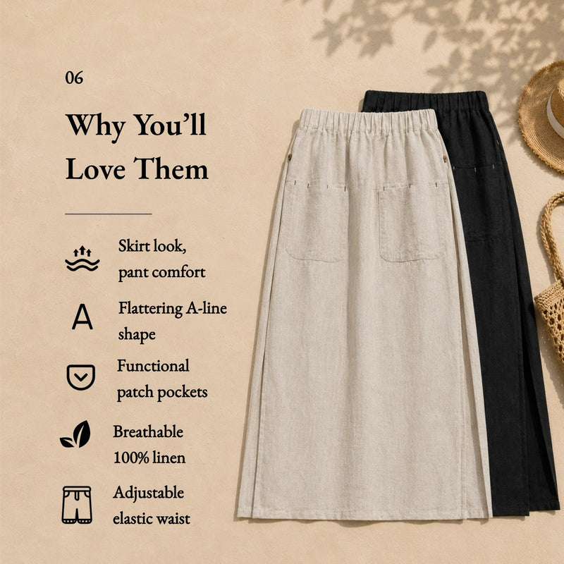 100% Linen Elastic Waist A-Line Capri Pants
