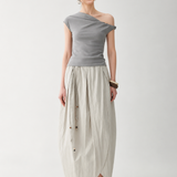 100% Linen Elastic Waist Asymmetric Wrap Pleated Maxi Skirt