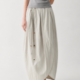 100% Linen Elastic Waist Asymmetric Wrap Pleated Maxi Skirt
