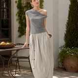 100% Linen Elastic Waist Asymmetric Wrap Pleated Maxi Skirt