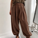 100% Linen Elastic Waist Button Cuff Harem Pants