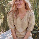 100% Linen Heavy-Embroidered V-neck Puff Sleeve Blouse