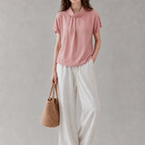 100% Linen Fold-Over Collar Rolled Sleeve Blouse