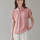 100% Linen Fold-Over Collar Rolled Sleeve Blouse