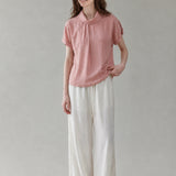 100% Linen Fold-Over Collar Rolled Sleeve Blouse