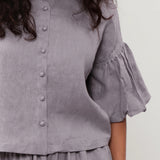 100% Linen Full Button Front Puff Bubble Three-Quarter Sleeve Blouse