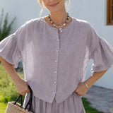 100% Linen Full Button Front Puff Bubble Three-Quarter Sleeve Blouse