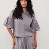 100% Linen Full Button Front Puff Bubble Three-Quarter Sleeve Blouse