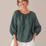 100% Linen Gathered-Neck Raglan-Sleeve Relaxed Top