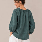 100% Linen Gathered-Neck Raglan-Sleeve Relaxed Top
