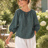100% Linen Gathered-Neck Raglan-Sleeve Relaxed Top
