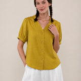 100% Linen Gingham V-neck SHort Sleeve Blouse
