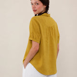100% Linen Gingham V-neck SHort Sleeve Blouse