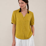 100% Linen Gingham V-neck SHort Sleeve Blouse