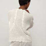 100% Linen Heavy-Embroidered Lace Splicing Side Cutouts Elasticated Cuffs Blouse