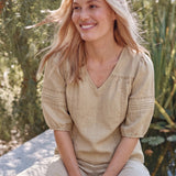 100% Linen Heavy-Embroidered V-neck Puff Sleeve Blouse