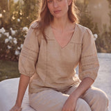 100% Linen Heavy-Embroidered V-neck Puff Sleeve Blouse