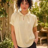 100% Linen Keyhole Neck Puff Sleeve Blouse