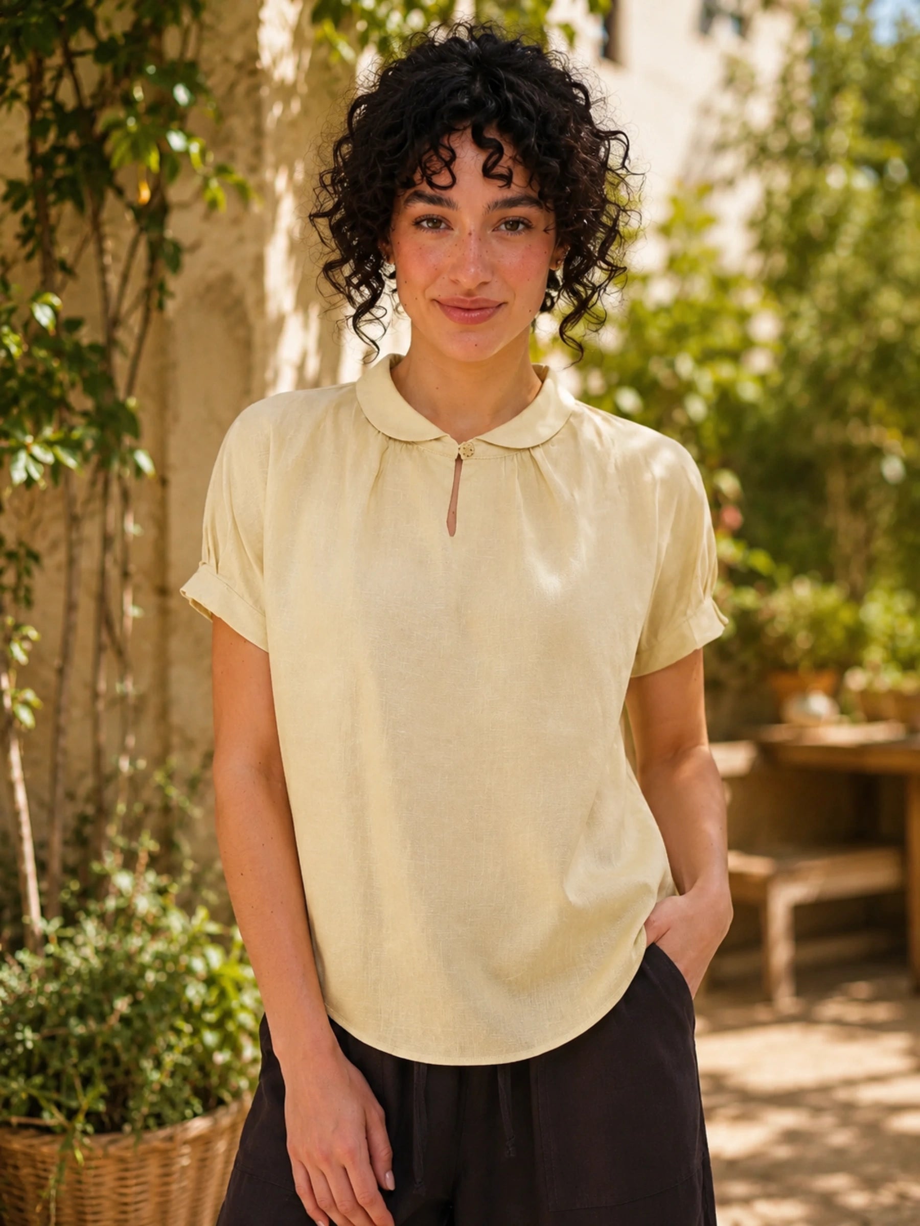 100% Linen Keyhole Neck Puff Sleeve Blouse