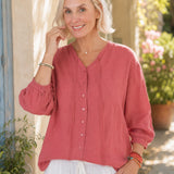 100% Linen Lace Tie Button Down Blouse